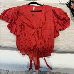 Women's Red Ruffle Sleeve Bodysuit